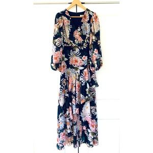 Eliza J Floral Dress Fit & Flare Midi Maxi  Chiffon High Low Long Sleeve Size 4